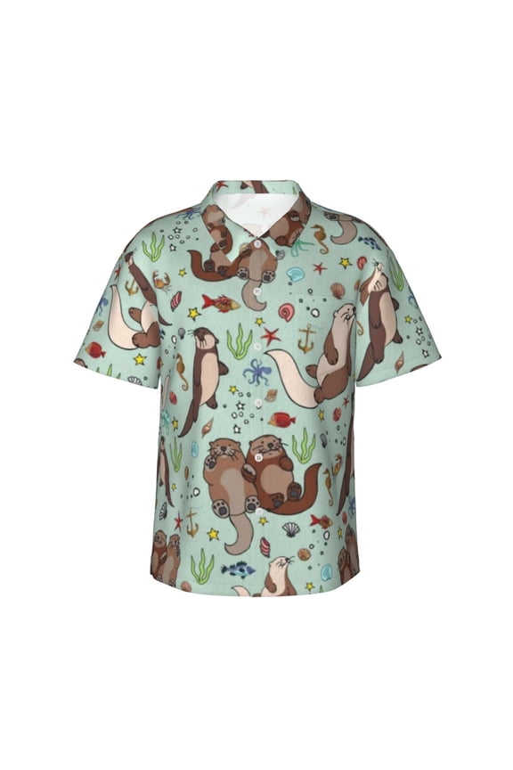 Sea Otters Hawaiian Shirts For Men, Summer Short-Sleeve Relaxed-Fit Button-Down Shirts X-Large