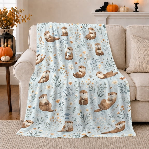 Sea Otters with Wildflowers and Ripples, Calm Watercolor Style for Otter Lovers, Cozy Blue Meadow Pattern, Flannel Blanket for Living Room and Bedroom, Birthday Gift and Cute Home Decor
