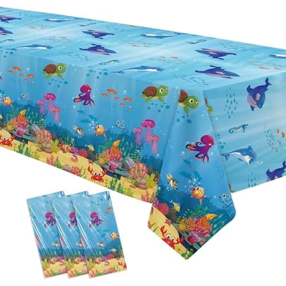 Under The Sea Party Decorations Tablecloth, 3Pcs Disposable Underwater Sea Life Blue Ocean Theme Birthday Baby Shower Tablecover Supplies, 86in x 55in$$Electronics Accessories