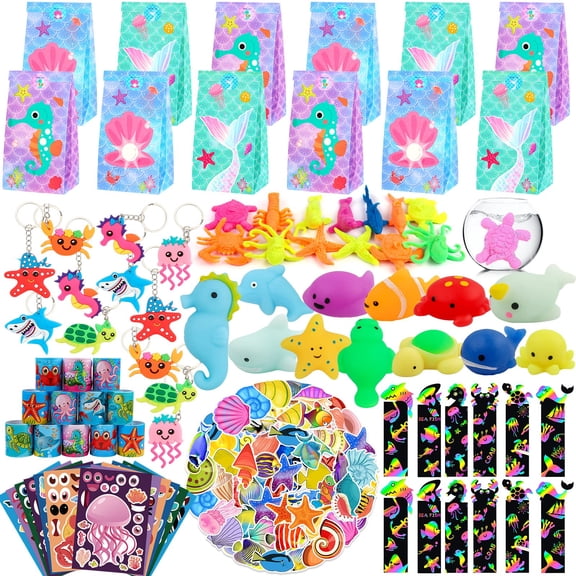 Under Sea Party Favors, 134 Pcs Ocean Birthday Party Supplies - Ocean Sea Animal Toys, Scratch Art Set, Grow In Water Animals for Under Sea Party Decorations, Goodie Bag Stuffers Y114