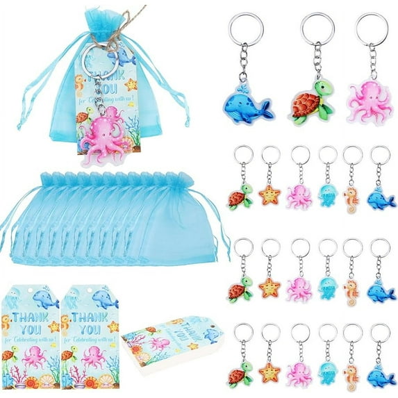Under The Sea Party Favors, 72pcs Ocean Animal Baby Shower Birthday Decorations with Sea Animal Keychains Thank You Tags Blue Organza Bags for Ocean Sea Baby Shower Birthday Party