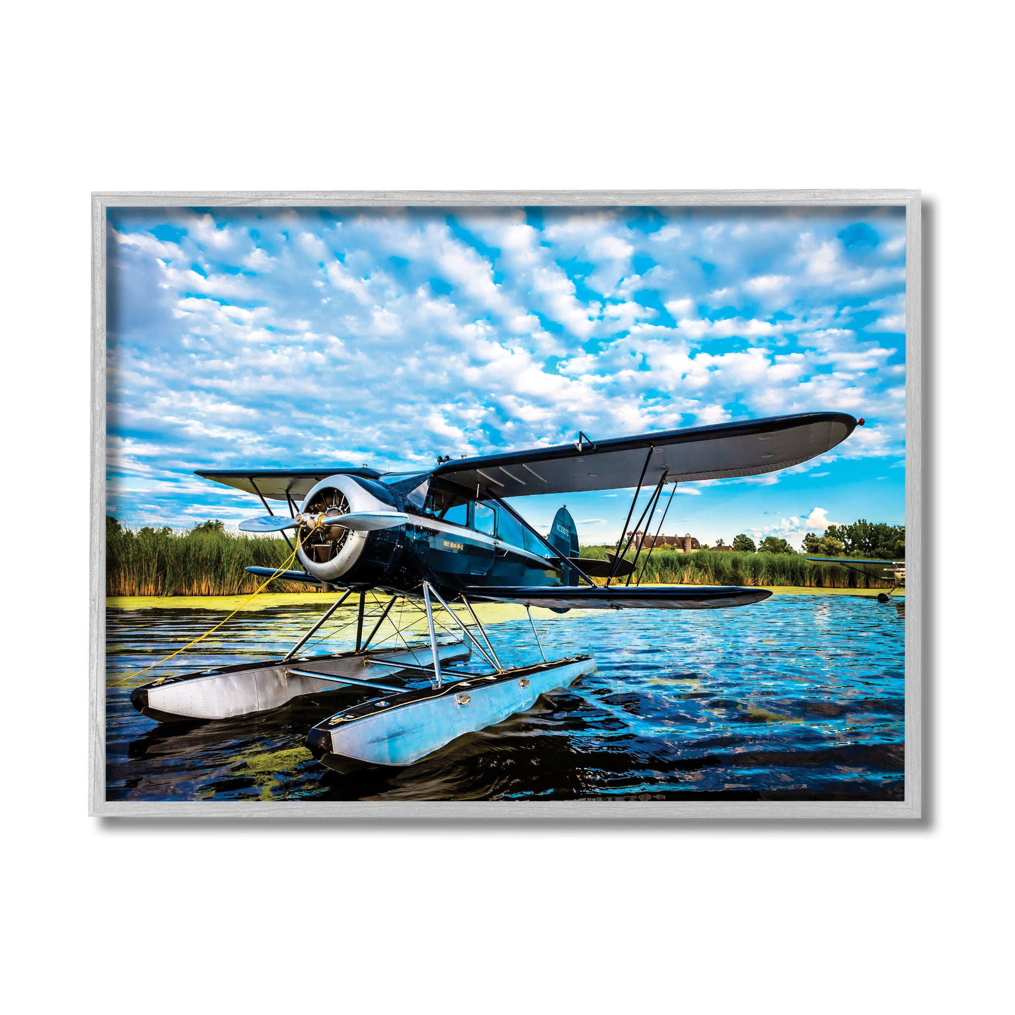 Sea Plane on Wooded Lakefront Cloudy Sky 14 in x 11 in Framed Photography Art Prints, by Stupell Home Décor