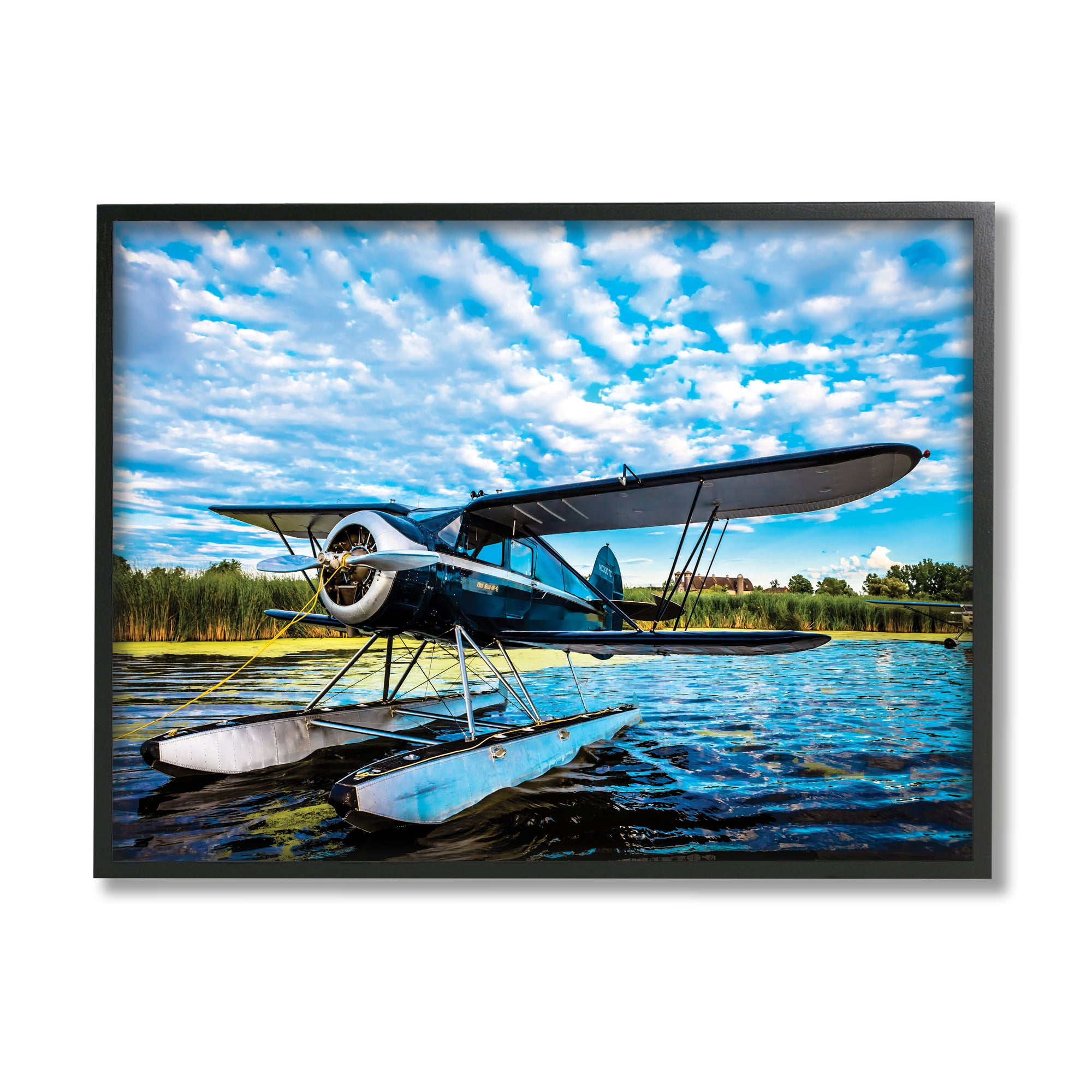 Sea Plane on Wooded Lakefront Cloudy Sky 14 in x 11 in Framed Photography Art Prints, by Stupell Home Décor