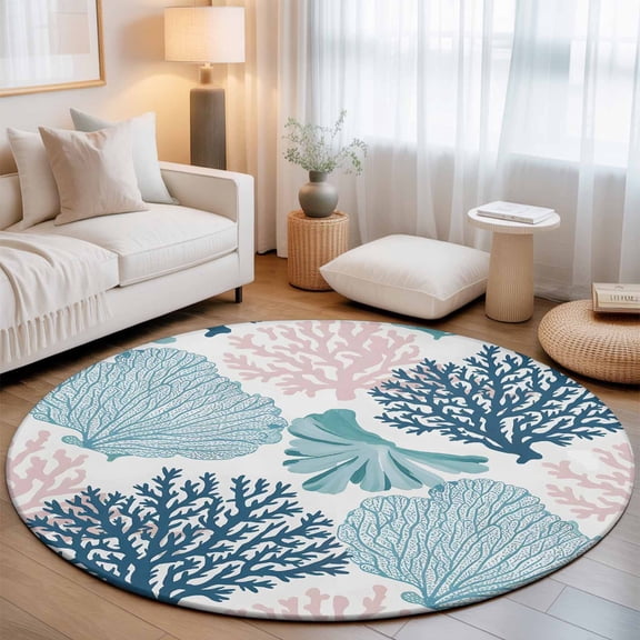 Sea Plant Washable Round Area Rug 3 ft, Summer Boho Seashell Coastal Blue Green Pink Coral, Soft Non Slip Rugs Stain Repellent Indoor Felt Carpet for Living Dining Room Bedroom Home Office
