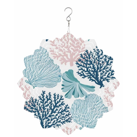 Sea Plant Wind Spinner for Garden Yard 8In, Summer Boho Seashell Coastal Blue Green Pink Coral 3D Stainless Steel Kinetic Hanging Wind Spinners Rustproof Outdoor Decor for Lawn Patio Home