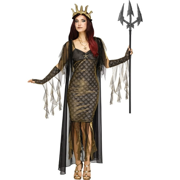 Sea Queen Mermaid Adult 4pc Women Costume, Gold Black, Small/Medium 2-8