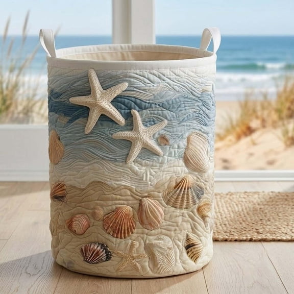 Sea Quilted Laundry Basket, Coastal Beach Seashell Storage Hamper