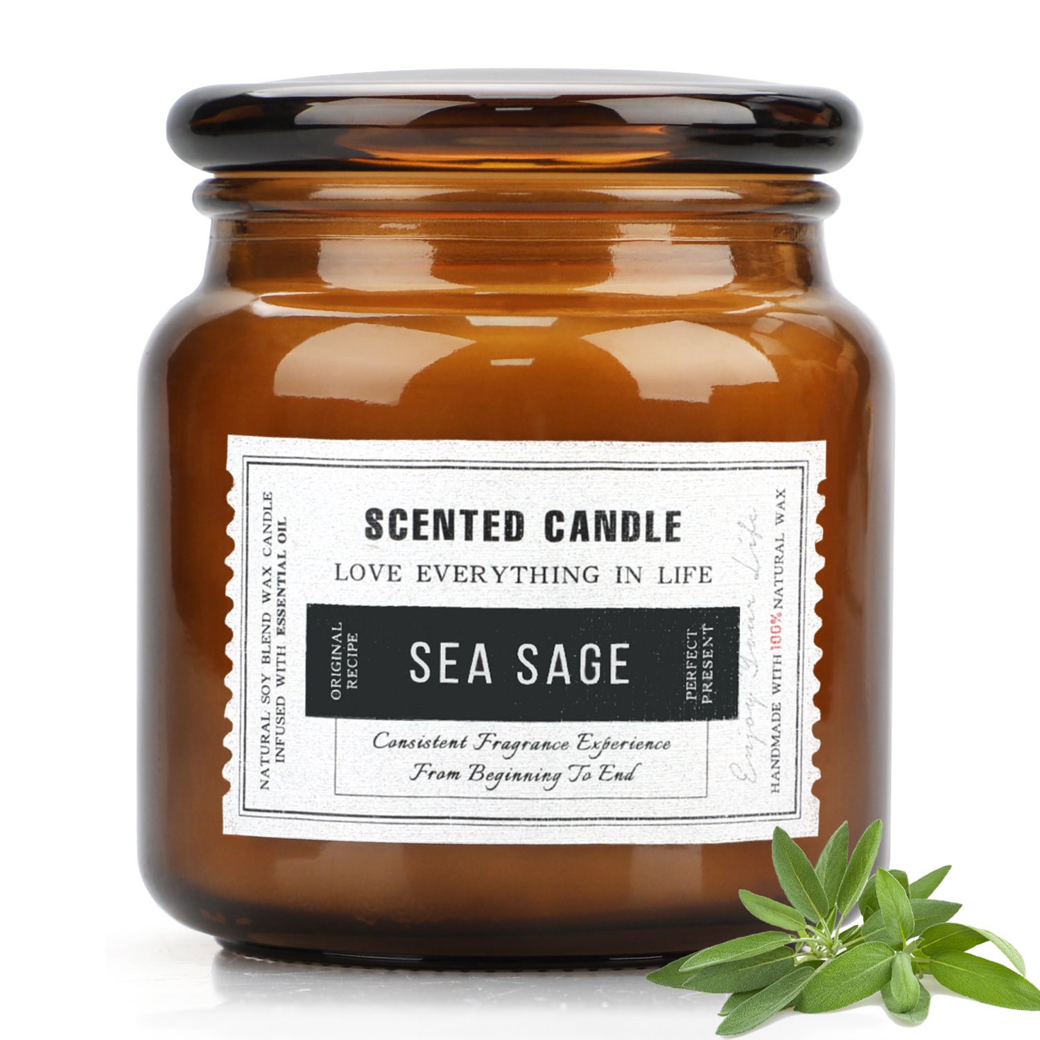 Sea Sage Scented Candles for Home, Soy Wax Amber Glass Jar Decorative