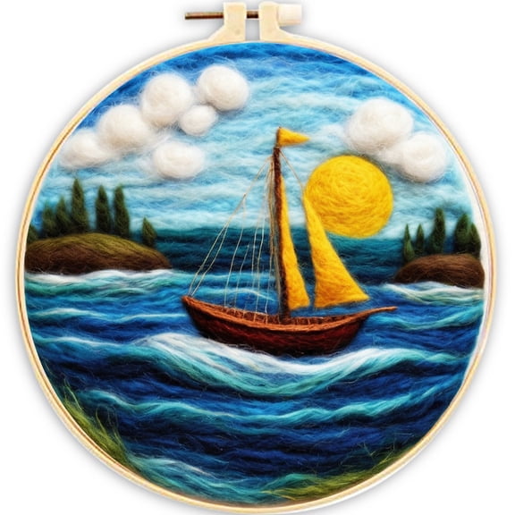 Sea Sailboat Needle Felting Set Beginner Felt Painting Set with Decorative Frame Suitable for Home Decoration Christmas Gift
