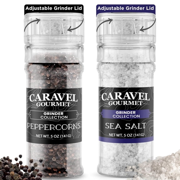 Sea Salt & Black Peppercorn Grinder Bundle for Seasoning, Finishing & Cooking – 5 oz Manual Salt & Black Pepper Grinder for Fine and Coarse Grinds – Caravel Gourmet