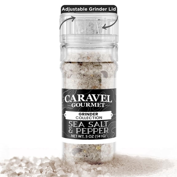 Caravel Gourmet Sea Salt and Pepper Grinder Seasoning Mix, Pepper Steak Salt with Rainbow Peppercorns for Finishing, Roasting, and Grilling, 5 oz Grinder