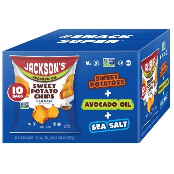 Jackson's Sweet Potato Kettle Chips with Sea Salt, Avocado Oil, Free of Top 9 Allergens, 1 oz, 10 Count