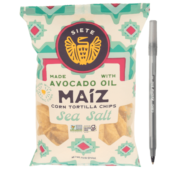 Sea Salt Totopos Tortilla Chips with pen
