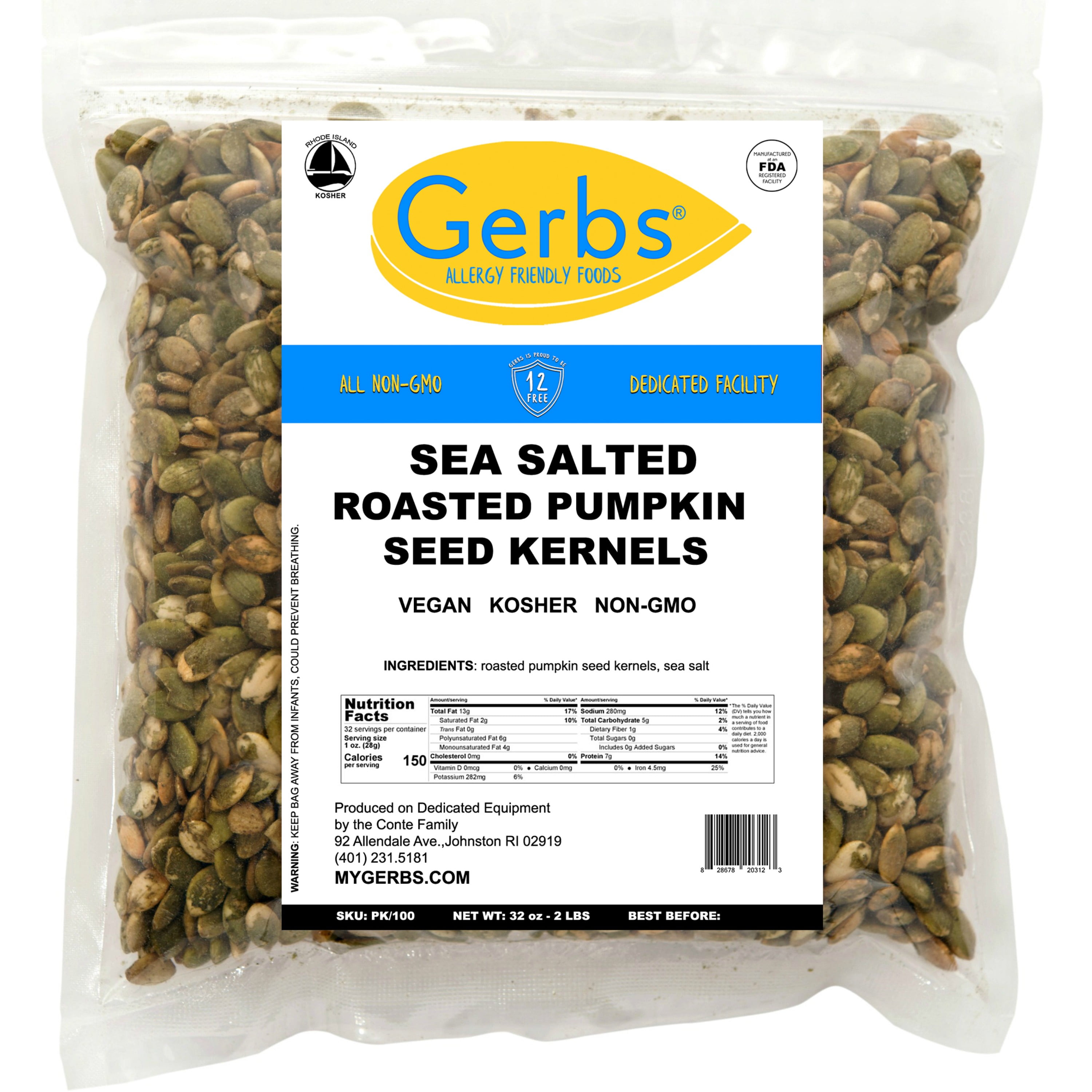 Sea Salted Pumpkin Seed Kernels by Gerbs, 2LBS Top 14 Food Allergen