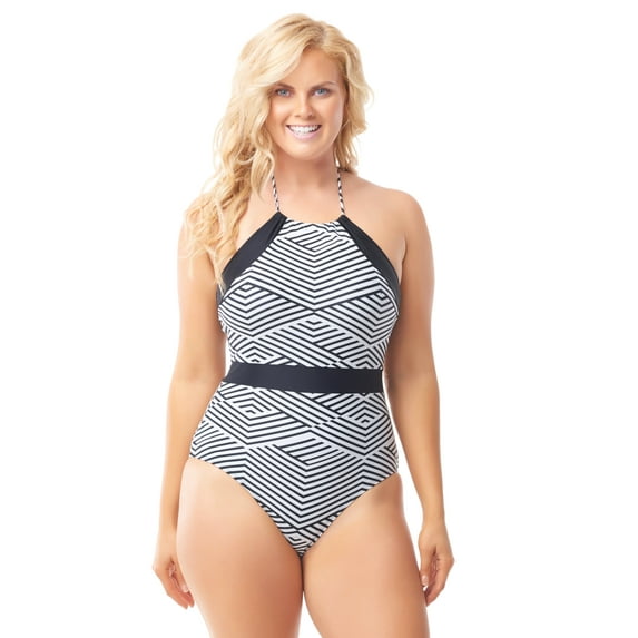 Sea & Sand Beachwear Chevron Halter High Neck One Piece, Black/White, 24