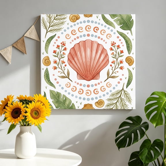 Sea Scallop Shell Canvas Wall Art, Nautical Ocean Marine Orange Nautilus Shell Coral Framed Canvas Wall Decor Picture Print Artwork Decorations for Living Room Office Ready to Hang 8" x 8"