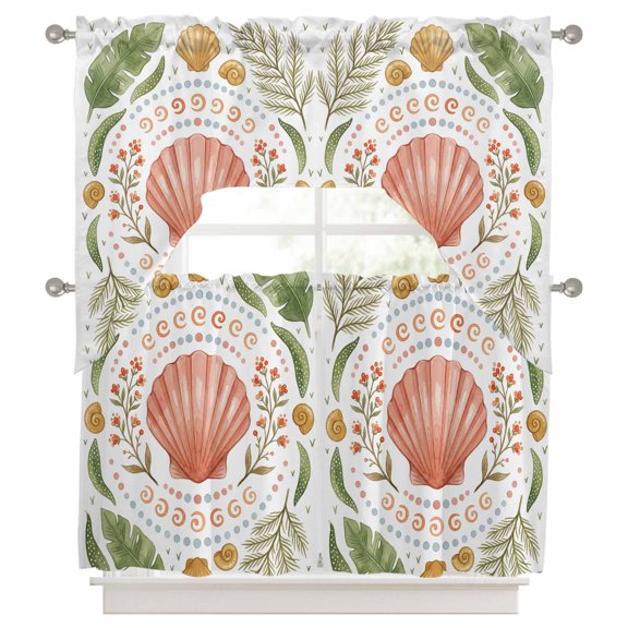 Sea Scallop Shell Swag Valance and Tier Set of 3, Nautical Ocean Marine Orange Nautilus Shell Coral Swag Curtains Valances for Small Window Treatment Rod Pocket for Kitchen Bathroom 56x36in+27.5x36*2