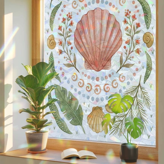 Sea Scallop Shell Window Privacy Film, Nautical Ocean Marine Orange Nautilus Shell Coral Stained Glass Rainbow Film Decorative Window Clings, Static Cling Sun Blocking Stickers 17.7" x 39.3"
