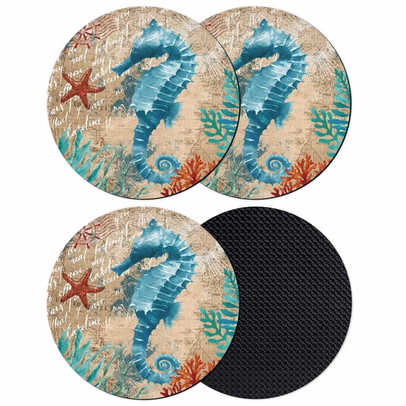 Sea Seahorse Coastal Coasters Set of 4, Absorbent Coasters for Drinks, Brown Nautical Summer Coral Vintage Coaster for Desk Coffee Table Protection, Home Decor House Warming Gifts 4"