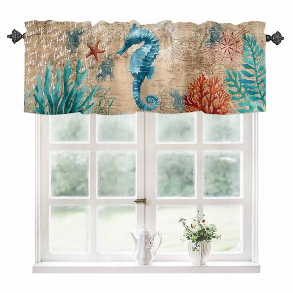 Sea Seahorse Coastal Kitchen Valances for Windows 42x12 Inch Kitchen Curtains Valances Rod Pocket Brown Nautical Summer Coral Vintage Bathroom Window Valances for Window Treatment Decor