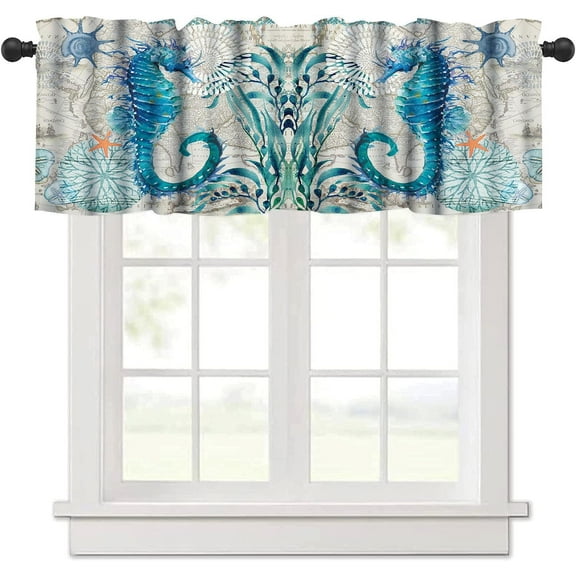 Sea Seahorse Curtain Valance for Windows Living Room Kitchen Farmhouse, Hawaiian Ocean Animal Teal Short Rod Pocket Tier Curtain Window Treatment, 1 Panel 54x18