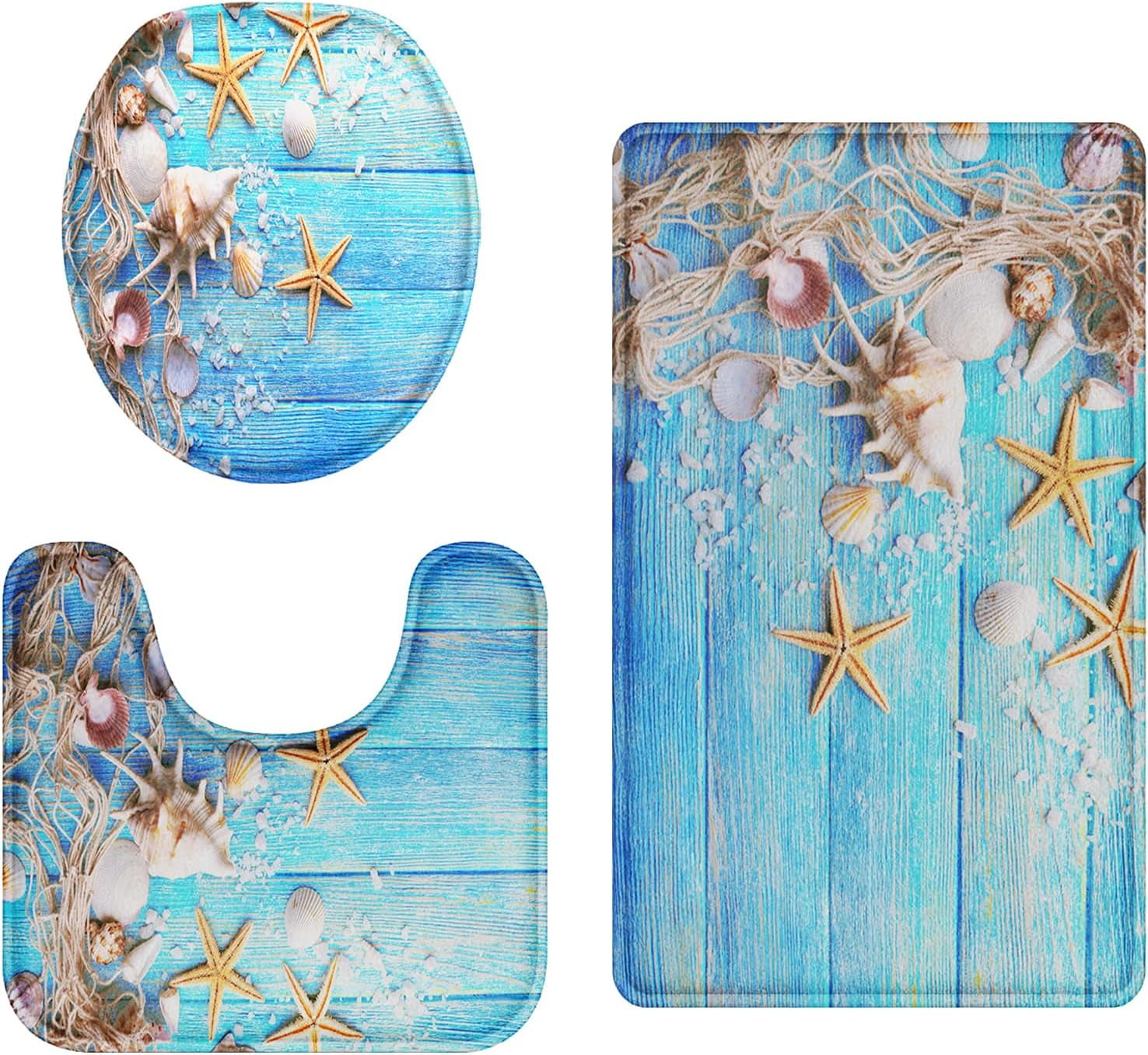 Sea Seashell Bathroom Rug Set of 3, Coastal Nautical 3 Pieces Bath Mats Set, Beach Series Blue Shells No Silp Washable Cover Floor Rug Decorations for Kitchen Bathroom Bedroom