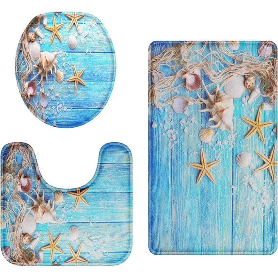 Sea Seashell Bathroom Rug Set of 3, Coastal Nautical 3 Pieces Bath Mats Set, Beach Series Blue Shells No Silp Washable Cover Floor Rug Decorations for Kitchen Bathroom Bedroom