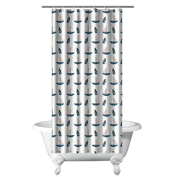 Sea Seaside Nautical Shower Curtain with Anchor, Boat, Coastal Marine Waves and Ocean Lighthouse Pattern, Map and Compass Design, Waterproof Fabric Curtain with Hooks