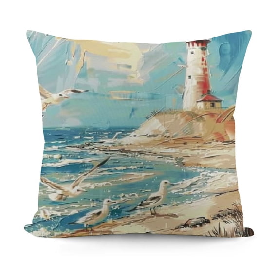 Sea Seaside Pillow CoversVintage Lighthouse Seagull Ocean Theme Reversible Throw Pillow Covers Cases,Nautical Sailboat Watercolor Pigment Graffiti Square Cushion Covers Set