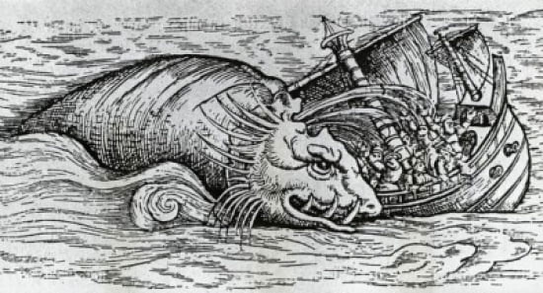 Sea Serpent Attacking Medieval Ship by unknown artist print Canvas Art - (18 x 24)