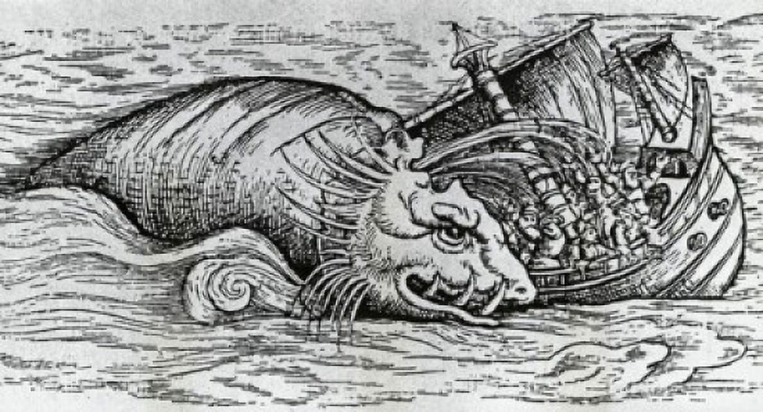 Sea Serpent Attacking Medieval Ship by unknown artist print Canvas Art - (24 x 36)
