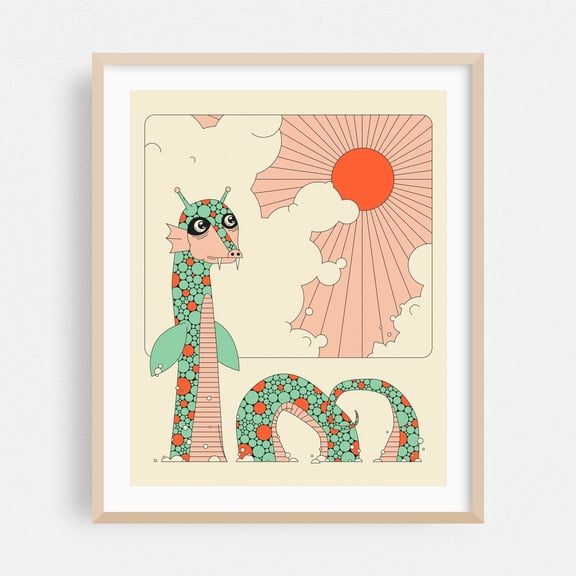 Sea Serpent - Illustration Psychedelic Surrealism Fantasy Geometric Modern Art Oak Framed Wall Art Print 16 x 20 inches