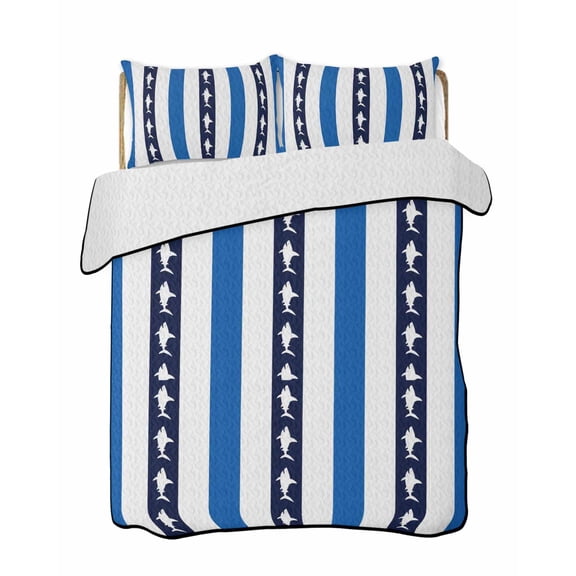 Sea Shark Black Blue Stripes Quilts Bedding Set Twin Size Black White Stripe Texture Lightweight Quilted Bedspread 3 Piece Bed Quilt with 2 Pillow Shams All Season for Bedroom 68" x 86"