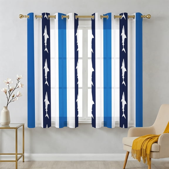 Sea Shark Black Blue Stripes Sheer Curtains 45 Inch Long 2 Panels, Black White Stripe Texture Light Filtering Semi Sheer Drapes Grommet Voile Window Curtain for Living Bedroom W42 x L45