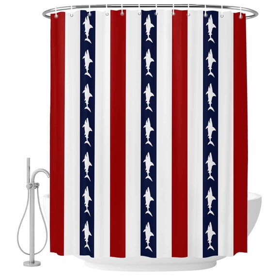 Sea Shark Black Red Stripes Bathroom Shower Curtains with Hooks, Black White Stripe Texture Waterproof Fabric Washable Shower Curtain for Home Hotel Bathtub Decor 72x72 Inch