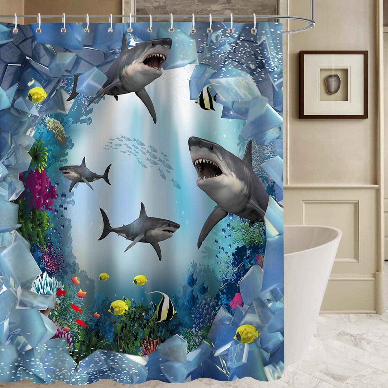 Sea Shark Shower Curtain Tropical Ocean Theme Shark Hole Shower