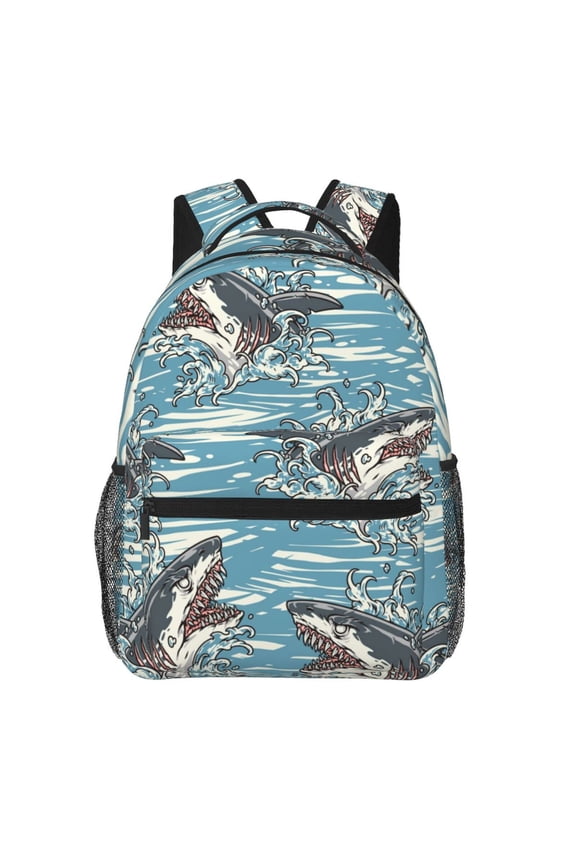 Sea Sharks Waves Vintage Shark Backpack Casual College Bag Zipper Laptop Daypack Hiking Rucksack Travel