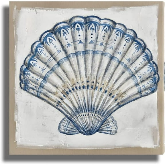 Sea Shell Canvas Coastal Wall Art Blue Beach Scene with Sea Life on The Sand Canvas Art Wall Decor for Home Bathroom Kitchen Office Decoration Framed Ready to Hang Size 12x12inch
