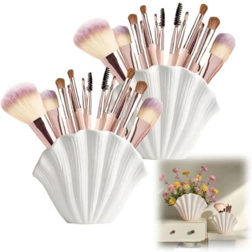 Sea Shell Makeup Brush Storage Can, Sea Shell Vase, Coastal Clam Shells Shaped Vases Decor for Table, Beach Ceramic Seashell Flower Vases for Aesthetic Room Decors, Centerpiece Table Decor