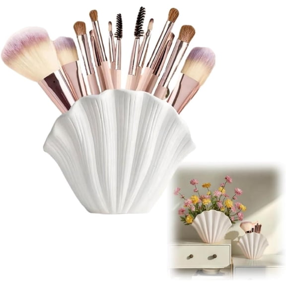 Sea Shell Makeup Brush Storage Can, Sea Shell Vase, Coastal Clam Shells Shaped Vases Decor for Table, Beach Ceramic Seashell Flower Vases for Aesthetic Room Decors, Centerpiece Table Decor