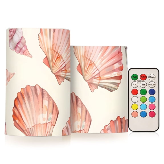 Sea Shell Pattern Cartoon Flickering Flameless Candles LED Tealight Battery Operated with Remote Set of 2 Holiday Decor Ornaments