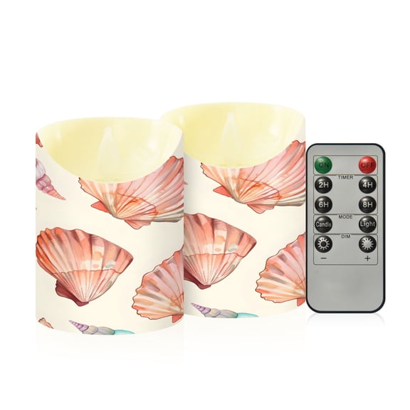Sea Shell Pattern Cartoon Flickering Flameless Candles with Remote Timer Battery Operated LED Tealight Set of 2 M