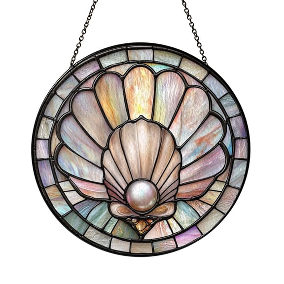 Sea Shell Pearl Stained Glass Style Suncatcher Window Hanging Decor, Ocean Shell Window Panel Art with Coastal Beach Theme, Decorative Window Ornament Gift