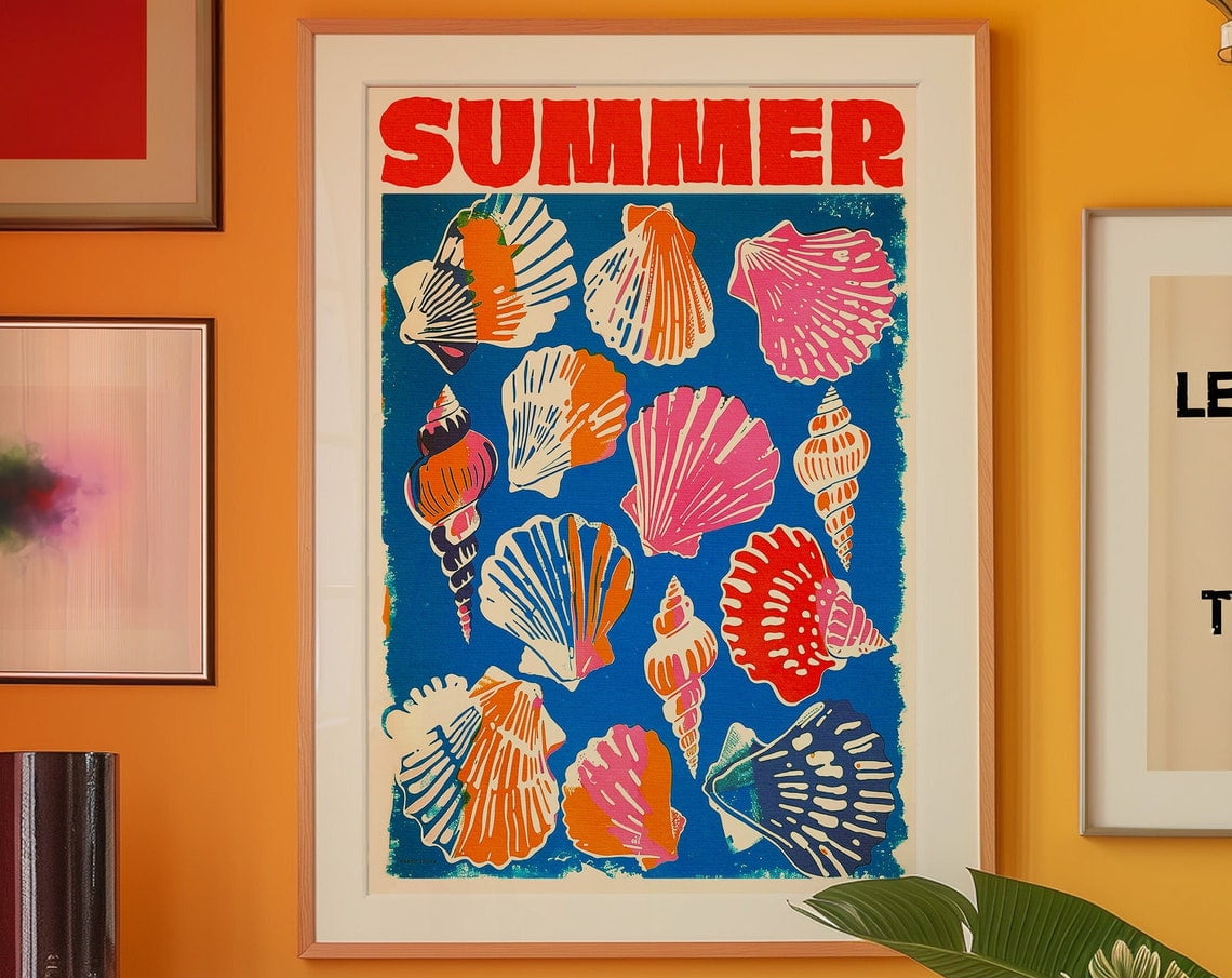 Sea Shell Poster, Red Wall Art, Kitchen Wall Decor, Summer House Poster ...