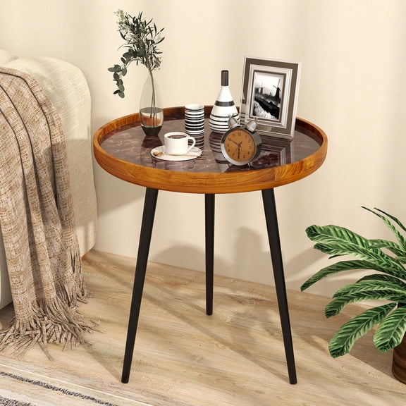 Sea Shell Round End Table, Epoxy Resin Finish, Teak Wood Top, Mahogany Legs, Brown