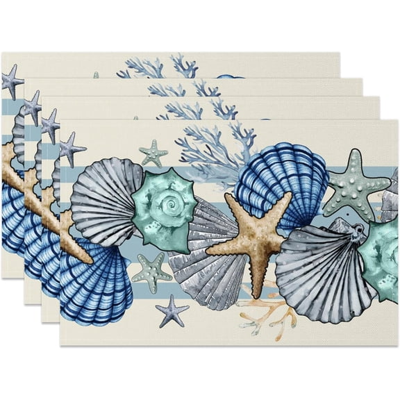 Sea Shell Starfish Beach Placemats Set of 4, 12x18 Inch Seasonal Spring Ocean Coastal Washable Linen Nautical Table Mats for Party Kitchen Dining Decoration