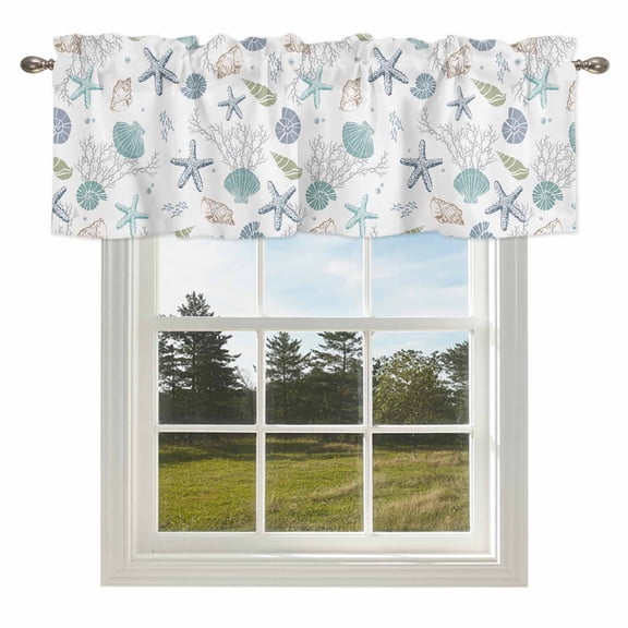 Sea Shell Starfish Coral Seamless Valances for Windows Summer Ocean Theme Rod Pocket Curtain Valance Window Treatment Short Curtains for Kitchen Living Room,42x12in