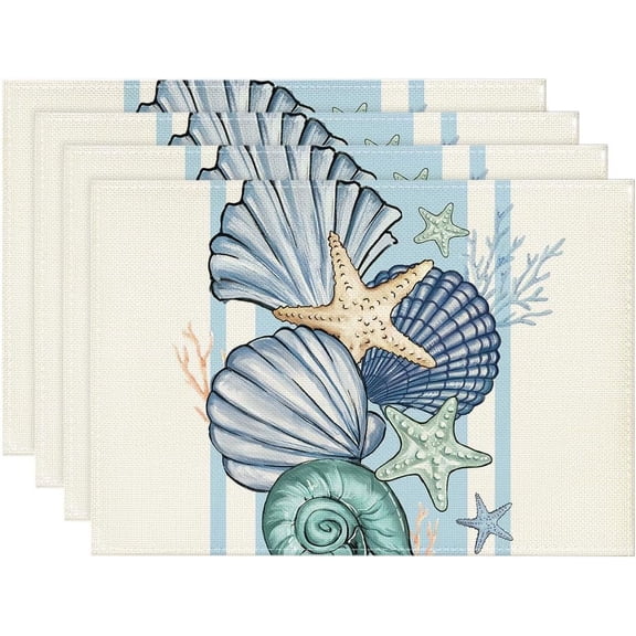Sea Shell Starfish Summer Placemats Set of 4, 12x18 Inch Seasonal Spring Ocean Table Mats for Party Kitchen Dining Decoration