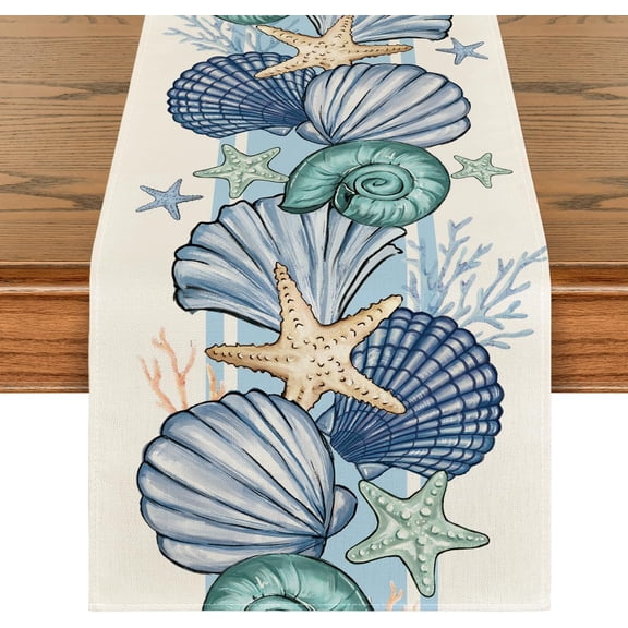 Sea Shell Starfish Summer Table Runner,Spring Ocean Kitchen Dining Table Decoration for Home Party Decor 13x108 Inch