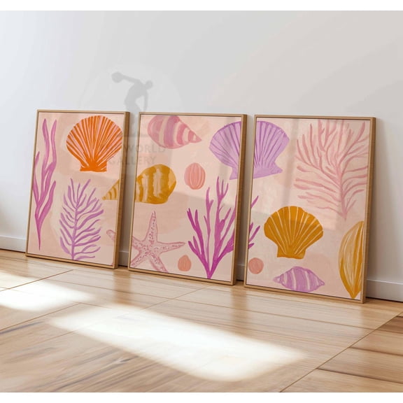 Sea Shell Wall Art Coastal Beach Trio Coral Shell Print Ocean Decor Pink Nautical Set 3 Unframed Paper Print 8x12